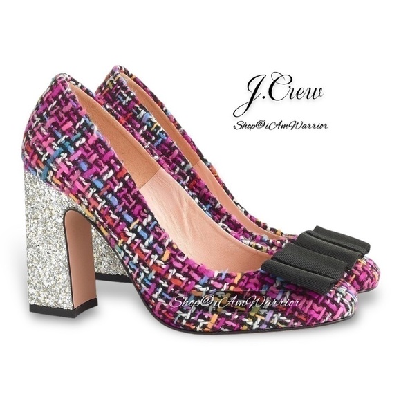 J.Crew magenta mixed tweed glitter block heels with ribbon toe bow - Picture 3 of 17
